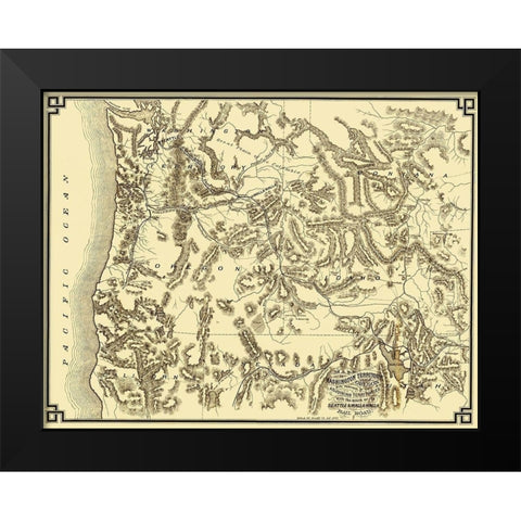 Washington and Oregon with Rail Routes - 1874 Black Modern Wood Framed Art Print by Unknown