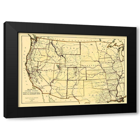 Mail Routes West of the Mississippi River Black Modern Wood Framed Art Print with Double Matting by Boyd
