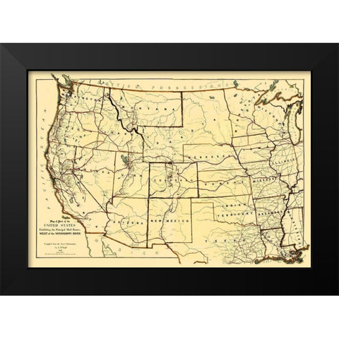 Mail Routes West of the Mississippi River Black Modern Wood Framed Art Print by Boyd