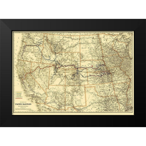 Pacific Railways - Colton 1887 Black Modern Wood Framed Art Print by Colton