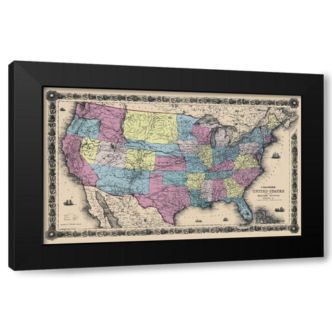 US with Military Stations, Forts - Colton 1861 Black Modern Wood Framed Art Print with Double Matting by Colton