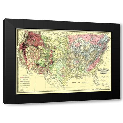 US and Territories Geological Map 1874 Black Modern Wood Framed Art Print by Asher