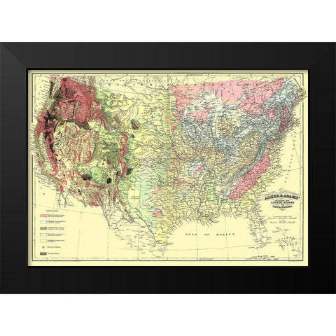 US and Territories Geological Map 1874 Black Modern Wood Framed Art Print by Asher