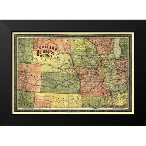 Chicago, Burlington and Quincy Railroad 1879 Black Modern Wood Framed Art Print by Heubach