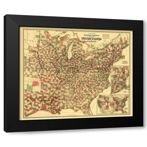 Railroads and Commercial in US, Canada 1871 Black Modern Wood Framed Art Print with Double Matting by Colton