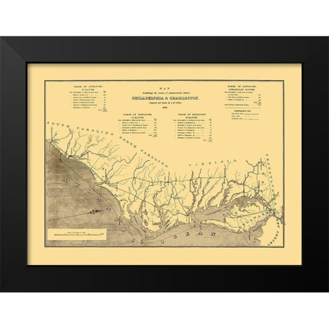 Philadelphia to Charleston, Routes of Comm Black Modern Wood Framed Art Print by Mc Clellan