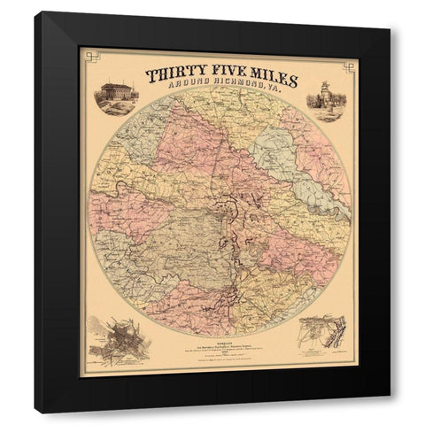 Richmond Virginia 35 Miles Around - Bohn 1867 Black Modern Wood Framed Art Print by Bohn
