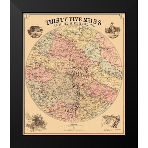 Richmond Virginia 35 Miles Around - Bohn 1867 Black Modern Wood Framed Art Print by Bohn