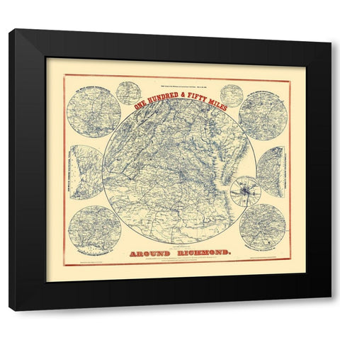 150 Miles Around Richmond Virginia - Magnus 1864 Black Modern Wood Framed Art Print with Double Matting by Magnus