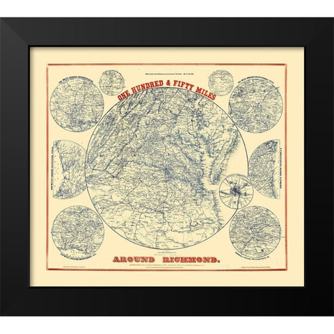 150 Miles Around Richmond Virginia - Magnus 1864 Black Modern Wood Framed Art Print by Magnus