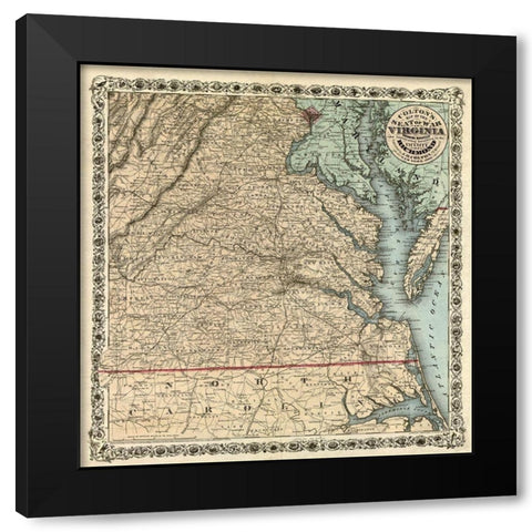 Seat of War Virginia - Colton 1862 Black Modern Wood Framed Art Print with Double Matting by Colton
