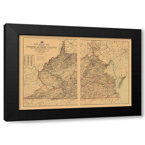 Virginia, West Virginia Postal Routes - USPS 1896 Black Modern Wood Framed Art Print with Double Matting by USPS
