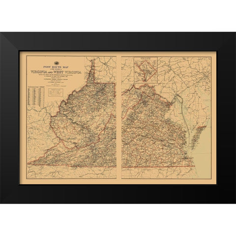 Virginia, West Virginia Postal Routes - USPS 1896 Black Modern Wood Framed Art Print by USPS