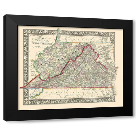Virginia, West Virginia Counties - Mitchell 1863 Black Modern Wood Framed Art Print with Double Matting by Mitchell