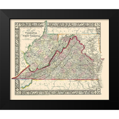 Virginia, West Virginia Counties - Mitchell 1863 Black Modern Wood Framed Art Print by Mitchell