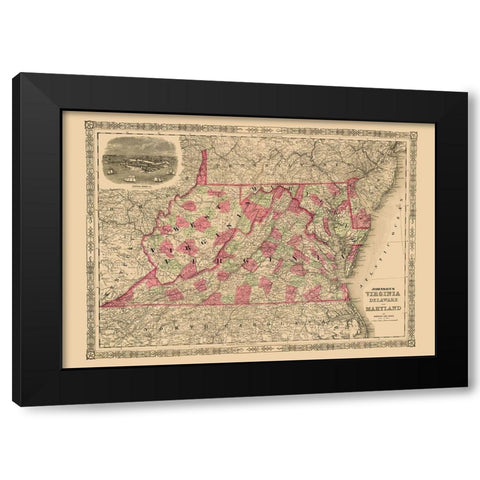 Virginia, Maryland, Delaware - Johnson 1864 Black Modern Wood Framed Art Print with Double Matting by Johnson