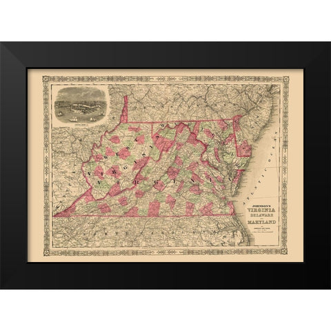 Virginia, Maryland, Delaware - Johnson 1864 Black Modern Wood Framed Art Print by Johnson