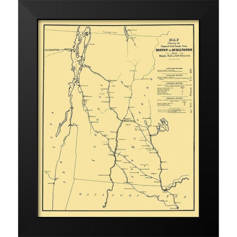Boston to Burlington Proposed Railroad 1844 Black Modern Wood Framed Art Print by Bufford