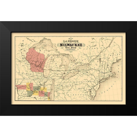 La Crosse and Milwaukee Railroad - Colton 1855 Black Modern Wood Framed Art Print by Colton