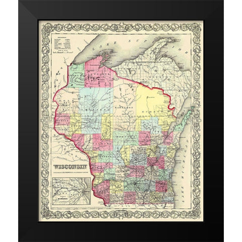 Wisconsin - Colton 1855 Black Modern Wood Framed Art Print by Colton
