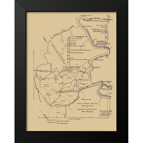 Loup Piney Divide Coal Lands Outline West VA Black Modern Wood Framed Art Print by Hotchkiss