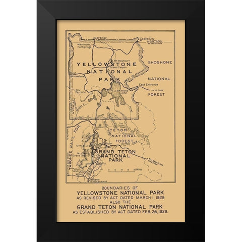 Yellowstone, Grand Teton National Parks Boundary Black Modern Wood Framed Art Print by Black