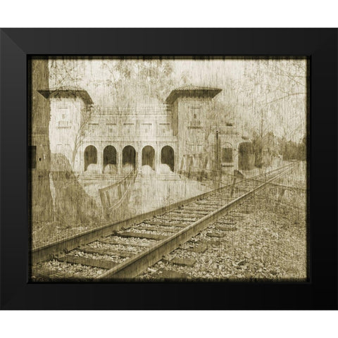 Station Railriad Collage Black Modern Wood Framed Art Print by Simons