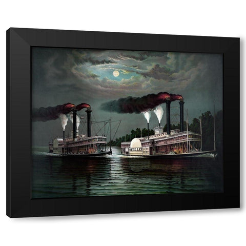 Race of the steamers Robert. E. Lee and Natchez on the Mississippi Black Modern Wood Framed Art Print by Donaldson