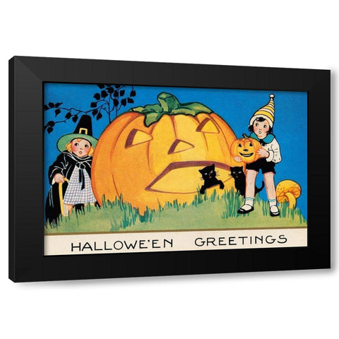 Halloween Greetings Black Modern Wood Framed Art Print by Halloween