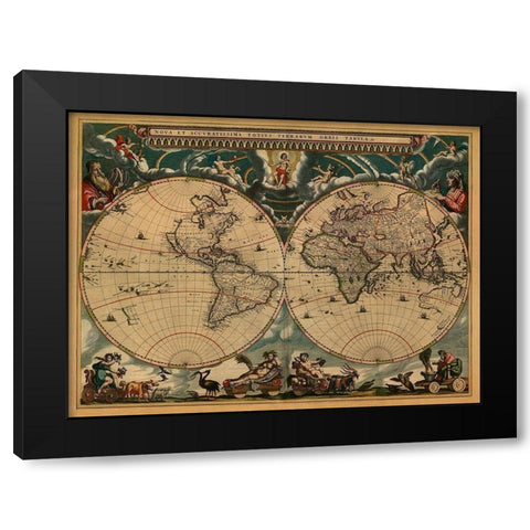 New and Accurate Map of the World Black Modern Wood Framed Art Print with Double Matting by Blaeu, Johannes
