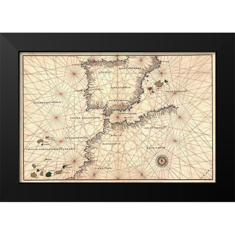 Portolan or Navigational Map of the Spain, Gibraltar and North Africa Black Modern Wood Framed Art Print by Agnese, Battista