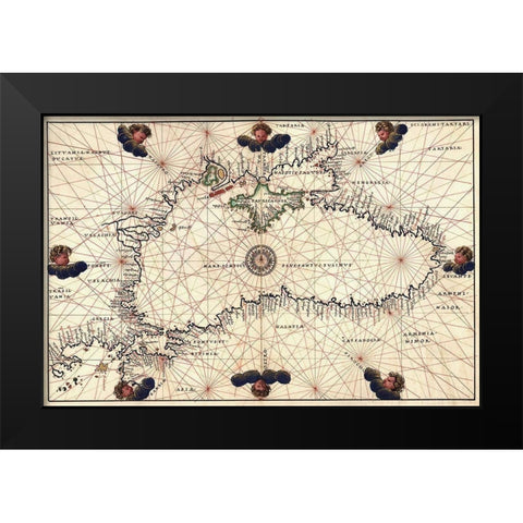 Portolan or Navigational Map of the Black Sea showing anthropomorphic winds Black Modern Wood Framed Art Print by Agnese, Battista