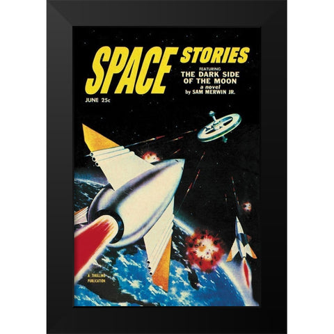 Space Stories: Assault on Space Lab Black Modern Wood Framed Art Print by Retrosci-fi