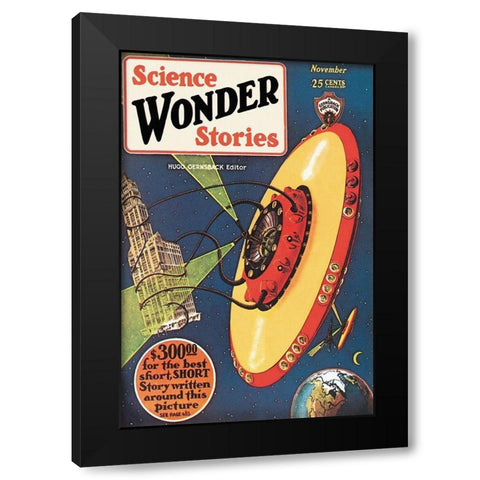 Retrosci-fi: Science Wonder Stories: Invasion of the Landmark Snatchers Black Modern Wood Framed Art Print with Double Matting by Paul, Frank R.