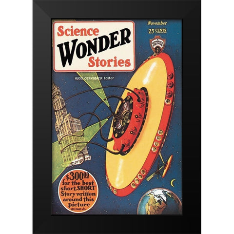 Retrosci-fi: Science Wonder Stories: Invasion of the Landmark Snatchers Black Modern Wood Framed Art Print by Paul, Frank R.