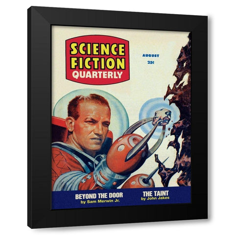 Science Fiction Quarterly: Astronaut Miner Black Modern Wood Framed Art Print by Retrosci-fi