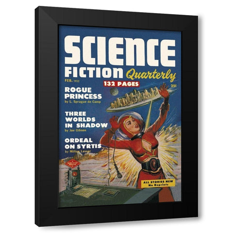 Science Fiction Quarterly: Attack of the Flying City Black Modern Wood Framed Art Print by Retrosci-fi