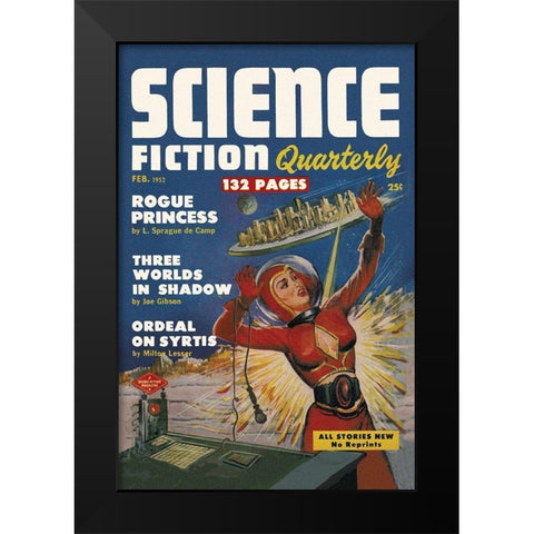 Science Fiction Quarterly: Attack of the Flying City Black Modern Wood Framed Art Print by Retrosci-fi