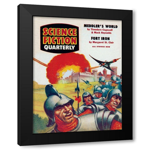 Science Fiction Quarterly: Spaceship Attack on Medieval Fortress Black Modern Wood Framed Art Print with Double Matting by Retrosci-fi