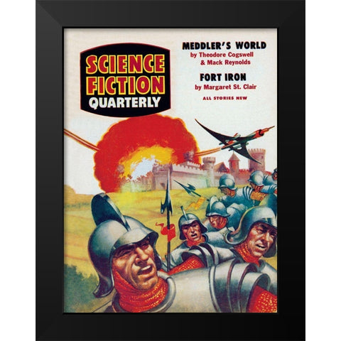Science Fiction Quarterly: Spaceship Attack on Medieval Fortress Black Modern Wood Framed Art Print by Retrosci-fi