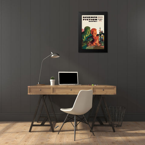 Science Fiction Quarterly: Diabolical Scheming Black Modern Wood Framed Art Print by Retrosci-fi