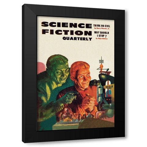 Science Fiction Quarterly: Diabolical Scheming Black Modern Wood Framed Art Print with Double Matting by Retrosci-fi