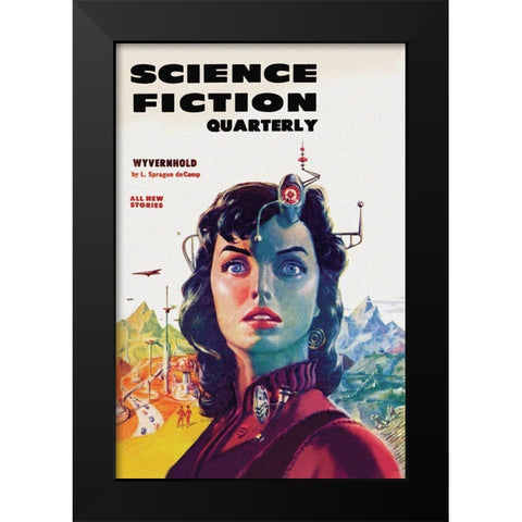 Science Fiction Quarterly: Woman with Forehead Transmitter Black Modern Wood Framed Art Print by Retrosci-fi