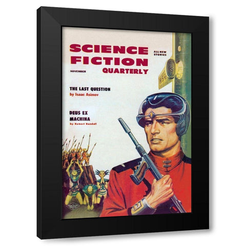 Science Fiction Quarterly: Astronaut Sizes up the Aliens Black Modern Wood Framed Art Print by Retrosci-fi
