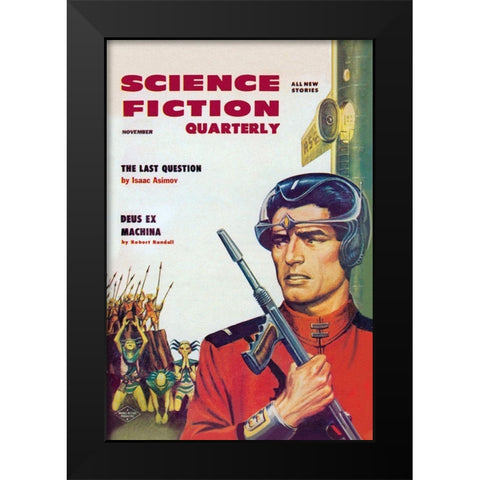 Science Fiction Quarterly: Astronaut Sizes up the Aliens Black Modern Wood Framed Art Print by Retrosci-fi