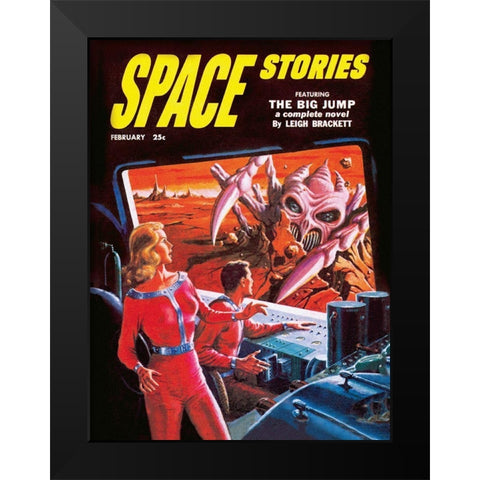 Space Stories: Space Monster Attack Black Modern Wood Framed Art Print by Retrosci-fi