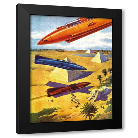 Spaceships in Ancient Egypt Black Modern Wood Framed Art Print by Retrosci-fi