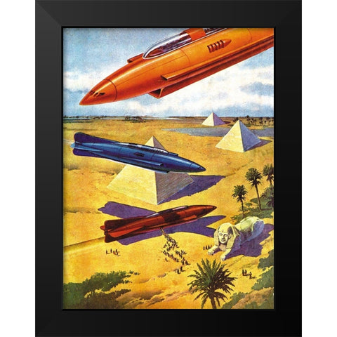 Spaceships in Ancient Egypt Black Modern Wood Framed Art Print by Retrosci-fi