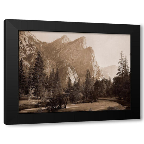 Further Up the Valley, The Three Brothers, the highest, 3,830 ft., Yosemite, California, 1866 Black Modern Wood Framed Art Print by Watkins, Carleton