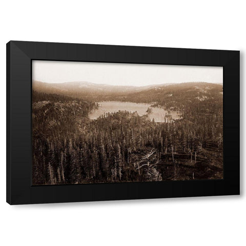 Dams and Lake, Nevada County, California, Distant View, about 1871 Black Modern Wood Framed Art Print by Watkins, Carleton